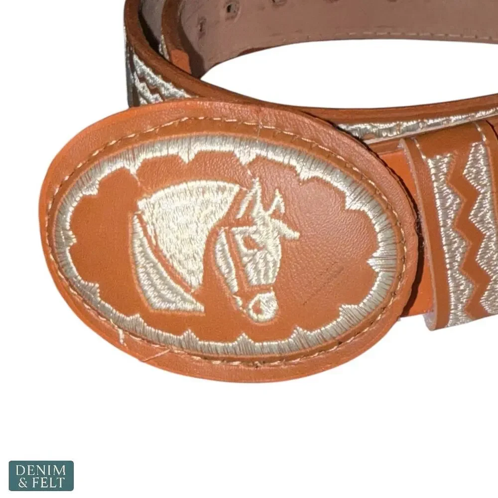 NEW Cinturones Moreno Leather Embroidered Horse Buckle Belt Cognac Western Rodeo